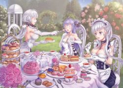 Rule 34 | 3girls, apron, azur lane, backless dress, backless outfit, bare shoulders, belfast (azur lane), black ribbon, blue eyes, blueberry, breasts, broken, broken chain, buttons, cake, cake slice, candy, chain, checkerboard cookie, cherry, cleavage, cookie, cream, criss-cross halter, cup, cupcake, dessert, double-breasted, dress, eclipse007007, elbow gloves, closed eyes, flower, food, fork, frilled apron, frilled dress, frills, fruit, garden, gloves, hair ribbon, halterneck, holding, holding fork, holding plate, honey, illustrious (azur lane), large breasts, long hair, macaron, maid headdress, multiple girls, open mouth, outdoors, pastry, pastry box, pink flower, pink rose, plate, pudding, purple dress, purple hair, red flower, red rose, ribbon, rose, round table, sitting, sleeveless, sleeveless dress, strapless, strapless dress, strawberry, sweets, table, tea, tea party, teacup, teapot, tiered tray, tri tails, unicorn, unicorn (azur lane), waist apron, white apron, white dress, white gloves, white hair, white headdress
