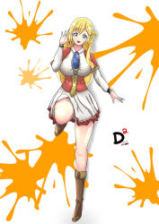 Rule 34 | 1girl, blonde hair, blue eyes, blue necktie, breasts, brown footwear, buttons, capelet, center frills, collared shirt, dokkan doodle, enome, frills, full body, futoku no guild, large breasts, long hair, long sleeves, necktie, pleated skirt, red capelet, shirt, skirt, solo, white shirt, white skirt