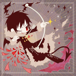 Rule 34 | 1boy, alternate body fluid, arrow (projectile), black hair, bow (weapon), drawing bow, durarara!!, eriko (chika), fur trim, heart, holding, holding bow (weapon), holding weapon, jacket, male focus, orihara izaya, red eyes, solo, tail, weapon