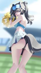 Rule 34 | 1girl, absurdres, animal ears, ass, black hair, black panties, blue archive, blue eyes, blush, breasts, cheerleader, dog ears, dog girl, dog tail, goggles, goggles on head, halo, hibiki (blue archive), hibiki (cheer squad) (blue archive), highres, holding, holding pom poms, leavv, looking at viewer, millennium cheerleader outfit (blue archive), open mouth, panties, pom pom (cheerleading), pom poms, skirt, solo, tail, twintails, underwear, wedgie