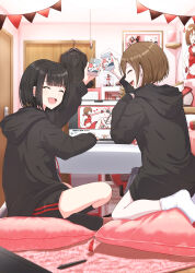Rule 34 | 2girls, absurdres, bed, black hair, black hoodie, black jacket, black shorts, black socks, bookshelf, brown hair, closed eyes, commentary, computer, crossed legs, cup, cushion, door, earrings, full body, glass, guitar, hangar, hanging scroll, highres, holding, holding cup, hood, hoodie, indoors, instrument, itogari, jacket, jewelry, laptop, looking at another, mannequin, master (vocaloid), meiko (vocaloid), multiple girls, no shoes, open mouth, pillow, rug, scroll, seiza, shelf, short hair, shorts, sitting, sleeves past wrists, smile, socks, string of flags, stylus, table, tablet pc, toasting (gesture), unworn jacket, vocaloid, white socks, zabuton
