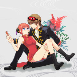 Rule 34 | 1boy, 1girl, black footwear, black jacket, black pants, blue eyes, boots, breasts, brown hair, bun cover, china dress, chinese clothes, closed mouth, dress, eye contact, full body, gintama, grey background, hair bun, holding another&#039;s wrist, jacket, kagura (gintama), long sleeves, looking at another, military, military uniform, mouth hold, okita sougo, orange hair, pants, red dress, red eyes, short hair, side slit, single hair bun, sitting, sleeveless, sleeveless dress, small breasts, uniform, white neckwear, yashuu tooya