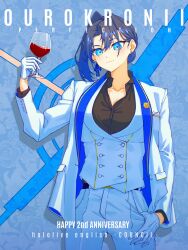 Rule 34 | 1girl, absurdres, arm up, belt, black shirt, blue eyes, blue hair, blue jacket, blue ribbon, blush, breasts, buttoned cuffs, buttons, character name, cleavage, collarbone, collared shirt, cup, double-breasted, dress shirt, earrings, english text, floral background, formal, gloves, hair bun, hair intakes, hair ribbon, hand in pocket, highres, holding, holding cup, hololive, hololive english, jacket, jewelry, lapel pin, lapels, large breasts, long sleeves, open clothes, open jacket, ouro kronii, pant suit, pants, pin, ribbon, shirt, solo, suit, suit jacket, toasting (gesture), two-sided fabric, two-sided jacket, virtual youtuber, waistcoat, white gloves, white jacket, white pants, white suit, yuutomeh