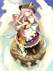 Rule 34 | 1girl, black headwear, blue hair, blue sky, bow, bowtie, brown footwear, closed mouth, cloud, eating, food, fruit, full body, highres, hinanawi tenshi, holding, holding food, holding fruit, keystone, long hair, looking at viewer, one eye closed, outdoors, peach, puffy short sleeves, puffy sleeves, rainbow order, red bow, red bowtie, red eyes, short sleeves, sky, solo, standing, sword of hisou, touhou, turtle-kun