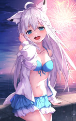Rule 34 | 1girl, absurdres, adjusting hair, ahoge, animal ear fluff, animal ears, bikini, bikini skirt, blue bikini, blush, braid, breasts, cleavage, collarbone, commentary request, extra ears, fireworks, fox ears, fox girl, fox tail, green eyes, hair between eyes, highres, hololive, leaning on object, long hair, looking at viewer, masaki (msk064), medium breasts, night, open clothes, open mouth, open shirt, outdoors, shirakami fubuki, shirakami fubuki (hololive summer 2019), shirt, sidelocks, single braid, solo, swimsuit, tail, virtual youtuber, white hair, white shirt