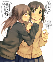 Rule 34 | 2girls, bad id, bad pixiv id, black skirt, blush, brown eyes, brown hair, cardigan, from side, grabbing another&#039;s chin, hachiko (hati12), hand on another&#039;s chin, long hair, long sleeves, looking at another, multiple girls, original, pleated skirt, school uniform, short hair, simple background, skirt, sweatdrop, translated, wavy mouth, yuri