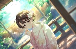 Rule 34 | 1girl, architecture, blurry, blurry foreground, blush, depth of field, dutch angle, east asian architecture, floral print, flower, hair bun, hair flower, hair ornament, idolmaster, idolmaster cinderella girls, idolmaster cinderella girls starlight stage, japanese clothes, kimono, looking at viewer, official art, okuyama saori, own hands together, pink kimono, single side bun, solo, sunlight, wooden floor, wooden wall