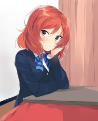 Rule 34 | 10s, 1girl, arm support, bad id, bad pixiv id, blazer, blush, bow, bowtie, hand on own cheek, hand on own face, jacket, kotatsu, long sleeves, looking at viewer, love live!, love live! school idol project, nishikino maki, purple eyes, red hair, school uniform, sitting, smile, solo, table, totoki86