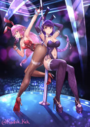 Rule 34 | 2girls, absurdres, armpits, arms up, bare shoulders, bow, bowtie, breasts, cleavage, closed mouth, clothing cutout, detached collar, genshin impact, hair ornament, high heels, highres, large breasts, long hair, looking at viewer, multiple girls, navel, navel cutout, pantyhose, parted lips, pink hair, pole, purple eyes, purple footwear, purple hair, purple legwear, radishkek, raiden shogun, red footwear, smile, stripper pole, thighhighs, thighs, wrist cuffs, yae miko