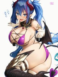 Rule 34 | 1girl, ass, asymmetrical breasts, blue eyes, blue hair, blush, boots, breasts, cleavage, demon girl, demon horns, demon tail, ear piercing, elbow gloves, fang, gloves, hair between eyes, high heel boots, high heels, highres, horns, huge breasts, jewelry, long hair, low wings, multicolored hair, oekakizuki, open mouth, original, piercing, pink hair, pointy ears, signature, simple background, skin fang, solo, streaked hair, tail, thigh boots, thighhighs, twintails, twisted torso, white background, wings
