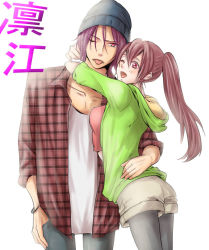 Rule 34 | 10s, 1boy, 1girl, arm around waist, arms around neck, black pantyhose, blush, breast press, breasts, brother and sister, casual, free!, hat, hetero, hood, hoodie, hug, long hair, matsuoka gou, matsuoka rin, medium breasts, one eye closed, open mouth, pantyhose, ponytail, red eyes, red hair, short hair, shorts, siblings, simple background, smile, tongue, tongue out, white background, wink