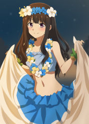 Rule 34 | 1girl, black hair, blue skirt, blue tube top, blush, closed mouth, commentary request, dars (recolors), evening, frilled skirt, frilled tube top, frills, highres, inoue takina, long hair, long skirt, looking at viewer, lycoris recoil, navel, night, night sky, outdoors, purple eyes, skirt, sky, smile, solo, strapless, tube top