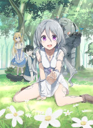 Rule 34 | 1boy, 2girls, black hair, blonde hair, blue dress, blue eyes, blue sky, breasts, clothing cutout, day, dress, flower, golem, gotyou, grass, grey hair, hair between eyes, jitome, leaning forward, lens flare, looking at another, miniskirt, multiple girls, navel, navel cutout, open mouth, original, outdoors, puffy short sleeves, puffy sleeves, purple eyes, shirt, short hair, short sleeves, sitting, skirt, sky, sleeveless, sleeveless shirt, small breasts, smile, straight hair, sunlight, tattoo, tree, twintails, under tree, underbust, vest, wavy hair