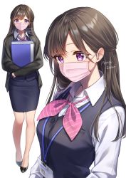 Rule 34 | 1girl, amagi shino, black footwear, brown hair, commentary request, full body, high heels, highres, long hair, looking at viewer, mask, mouth mask, multiple views, necktie, office lady, original, pencil skirt, pink mask, pink necktie, purple eyes, receptionist girl (amagi shino), shirt, skirt, standing, surgical mask, white background, white shirt