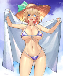 Rule 34 | 1girl, :d, armpits, arms up, bare shoulders, bikini, blonde hair, blue eyes, breasts, cleavage, cowboy shot, front-tie bikini top, front-tie top, groin, halterneck, hat, hat ribbon, highres, holding, large breasts, looking at viewer, navel, open mouth, original, ribbon, short hair, side-tie bikini bottom, skindentation, smile, solo, stomach, straw hat, string bikini, striped bikini, striped clothes, swimsuit, takamine nadare, thighs, towel