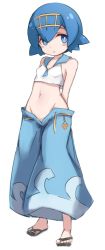 Rule 34 | 1girl, arms behind back, blue eyes, blue hair, blue pants, blush, breasts, chestnut mouth, creatures (company), full body, game freak, hair ornament, karukan (monjya), lana (pokemon), navel, nintendo, pants, pokemon, pokemon sm, short hair, simple background, small breasts, solo, standing, stomach, white background