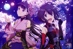 Rule 34 | 2girls, :d, absurdres, ahoge, arm support, armor, bare shoulders, black armor, black hair, black sleeves, black undershirt, blunt bangs, bob cut, breastplate, breasts, cherry blossoms, cherry tree, copyright notice, curled fingers, dated, detached sleeves, elbow gloves, falling petals, floating hair, full moon, gauntlets, gloves, hair between eyes, hair ornament, hair strand, hand up, highres, itai no wa iya nano de bougyoryoku ni kyokufuri shitai to omoimasu, japanese clothes, kasumi (bofuri), kimono, kitajima yuuki, large breasts, light blush, light smile, long hair, looking at viewer, looking up, maple (bofuri), moon, multiple girls, multiple moons, newtype, night, non-web source, official art, open clothes, open mouth, petals, pink kimono, pink sleeves, promotional art, purple eyes, purple kimono, raised eyebrows, red gloves, rope, seiza, short hair, sitting, skirt, sleeveless, sleeveless kimono, small breasts, smile, sweater, translated, turtleneck, turtleneck sweater, undershirt, upturned eyes