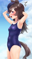 Rule 34 | 1girl, ^^^, absurdres, animal ears, armpits, arms behind head, black hair, blue headwear, blue one-piece swimsuit, blue sky, blush, breasts, cloud, commentary request, competition school swimsuit, cowboy shot, highres, horse ears, horse tail, long hair, looking at viewer, naka ushiro, nose blush, one-piece swimsuit, profile, purple eyes, rice shower (umamusume), school swimsuit, sky, small breasts, solo, swimsuit, tail, tilted headwear, umamusume, wet, wet clothes, wet swimsuit