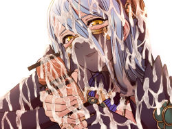 Rule 34 | 1girl, azura (fire emblem), bar censor, blue hair, blush, bukkake, censored, cum, cum on clothes, cum on fingers, cum on hair, ejaculation, facial, fingerless gloves, fingernails, fire emblem, fire emblem fates, gloved handjob, gloves, hair between eyes, handjob, looking at viewer, magic, mouth veil, nintendo, open mouth, out of frame, parted lips, penis, saijou satoru, see-through, simple background, smile, solo focus, veil, white background, yellow eyes