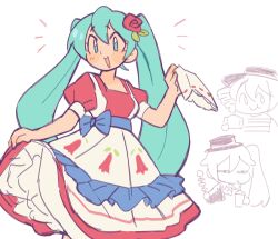 3girls akita_neru apron aqua_eyes aqua_hair blue_sash chile chilean_dress closed_mouth dress drill_hair flower hair_flower hair_ornament handkerchief hat hatsune_miku highres holding holding_handkerchief kasane_teto koipo_(fungikoi) latin_american_hatsune_miku_(meme) long_hair multiple_girls open_mouth puffy_short_sleeves puffy_sleeves red_dress red_flower red_rose rose sash short_sleeves side_ponytail smile solo_focus triple_baka_(vocaloid) twin_drills twintails utau very_long_hair vocaloid white_apron worldwide_miku