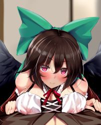 Rule 34 | 1boy, 1girl, absurdres, alternate costume, alternate eye color, bird wings, black collar, black wings, blush, bow, breast press, breasts, brown hair, brown kimono, camisole, cleavage, closed mouth, collar, commentary request, control rod, covered erect nipples, dd mayohara, detached collar, frilled collar, frills, green bow, hair between eyes, highres, japanese clothes, kimono, large breasts, long hair, looking at viewer, neck ribbon, nipples, pink eyes, pov, red ribbon, reiuji utsuho, ribbon, see-through, solo focus, textless version, touhou, upper body, white camisole, wings