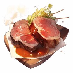 Rule 34 | food, food focus, meat, napkin, no humans, original, polaris54, sauce, steak, still life, tray, white background, wooden tray