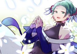 Rule 34 | 1girl, bare shoulders, biseibutu, dress, earrings, flower, gloves, gnosia, green eyes, green hair, happy, highres, jewelry, looking at viewer, open mouth, own hands together, short hair, sleeveless, sleeveless dress, smile, solo, stella (gnosia), upper body