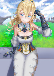 Rule 34 | 1girl, adjusting hair, arm guards, bare shoulders, black gloves, blonde hair, blue eyes, blue sky, blurry, bow, breasts, c:, cleavage, cloud, cloudy sky, commentary request, depth of field, detached collar, detached sleeves, elbow gloves, genshin impact, gloves, hair between eyes, hair bow, hair ribbon, head tilt, highres, jean (genshin impact), kein hasegawa, long hair, long sleeves, looking at viewer, pants, ponytail, ribbon, sidelocks, sitting, sky, skyline, smile, solo, strapless, white pants