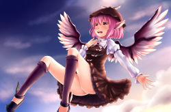 Rule 34 | 1girl, :d, anata (lighttuner), bird wings, dress, frilled dress, frilled sleeves, frills, hat, highres, long sleeves, music, mystia lorelei, open mouth, outstretched arm, pink eyes, pink hair, shirt, short hair, singing, smile, solo, touhou, wings