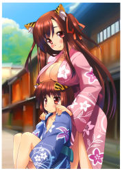 Rule 34 | 2girls, :&gt;, absurdres, animal ears, bare legs, blue kimono, blush, breast rest, breasts, breasts on head, brown hair, cleavage, flat chest, floral print, hands on shoulders, highres, japanese clothes, jitome, kimono, large breasts, hugging own legs, long hair, looking at viewer, multiple girls, open clothes, open kimono, original, pink kimono, print kimono, red eyes, shinozuka atsuto, short hair, sitting, smile, tail, tiger ears, tiger tail, two side up, yukata