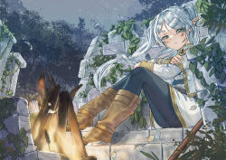 Rule 34 | 1girl, absurdres, black pantyhose, bonfire, boots, brown footwear, capelet, clip studio paint (medium), cloud, cloudy sky, duang (user tsag8258), elf, falling leaves, fire, frieren, green eyes, grey hair, highres, leaf, long hair, outdoors, pantyhose, plant, pointy ears, shirt, sitting, skirt, sky, solo, sousou no frieren, striped clothes, striped shirt, tree, twintails, vines, white capelet, white skirt