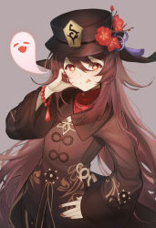 Rule 34 | 1girl, :q, bad id, bad pixiv id, bead bracelet, beads, black hat, bracelet, brown hair, brown shirt, collared shirt, flower, genshin impact, ghost, grey background, hand on own hip, hand up, hat, hat flower, highres, hu tao (genshin impact), jewelry, long hair, long sleeves, looking at viewer, mandarin collar, nail polish, plum blossoms, red eyes, shirt, shotgunman, simple background, smile, solo, star-shaped pupils, star (symbol), symbol-shaped pupils, tongue, tongue out, twintails, upper body, wide sleeves