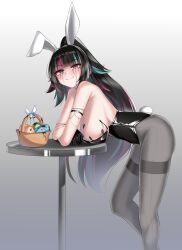 Rule 34 | 1girl, absurdres, animal ears, basket, bent over, black gloves, black hair, black leotard, black liquid, blue eyes, blue hair, breasts, closed mouth, easter egg, egg, emma llama, fake animal ears, gloves, grey pantyhose, highres, indie virtual youtuber, large breasts, leotard, liquid clothes, liquid from eyes, long hair, pantyhose, pink eyes, pink hair, ponytail, rabbit ears, rabbit tail, second-party source, solo, strapless, strapless leotard, table, tail, thighband pantyhose, two-tone eyes, valella moon, virtual youtuber