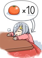 Rule 34 | 1girl, alternate costume, commentary request, closed eyes, food, fruit, hair ornament, hair over one eye, hairclip, hama! (3toshinhmkz), hamakaze (kancolle), kantai collection, kotatsu, mandarin orange, pink sweater, short hair, silver hair, sitting, solo, sweater, table, white background