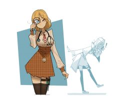 Rule 34 | !, 1girl, blonde hair, blue eyes, breasts, collared shirt, frown, gutalalaman, highres, holding, holding magnifying glass, hololive, hololive english, large breasts, leaning forward, looking down, looking up, magnifying glass, multiple views, necktie, one eye closed, open mouth, plaid, plaid skirt, red neckwear, shirt, shirt tucked in, short necktie, skirt, stethoscope, surprised, syringe, thigh strap, thighhighs, unmoving pattern, virtual youtuber, watson amelia, watson amelia (1st costume)