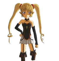 Rule 34 | 1girl, bare shoulders, blonde hair, choker, cross, cross necklace, garter straps, hand on own hip, jewelry, long hair, necklace, pachira, pendant, pleated skirt, pointy ears, red eyes, renkin san-kyuu magical pokaan, simple background, skirt, smile, solo, standing, thighhighs, twintails, very long hair, white background