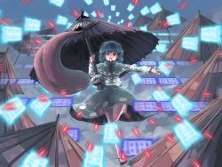 Rule 34 | 1girl, attack, bare legs, blue capelet, blue hair, blue skirt, blue sky, capelet, closed mouth, cloud, commentary, commentary request, danmaku, frilled capelet, frilled sleeves, frills, full body, geta, glowing, heterochromia, highres, holding, holding umbrella, karakasa obake, leg up, long sleeves, looking at viewer, naughty face, ofuda, oil-paper umbrella, outdoors, outstretched arm, puffy long sleeves, puffy sleeves, red eyes, shaded face, shirt, short hair, skirt, sky, solo, spell card, sunnysideup, tatara kogasa, tongue, tongue out, touhou, umbrella, v-shaped eyebrows, wavy hair, white shirt