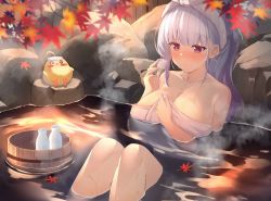 Rule 34 | 1girl, @ @, absurdres, autumn leaves, azur lane, bad id, bad pixiv id, blush, breasts, bucket, cleavage, closed mouth, cup, dido (azur lane), grey hair, highres, holding, holding cup, kanno esuto, knees up, large breasts, long hair, looking away, manjuu (azur lane), naked towel, onsen, partially submerged, ponytail, red eyes, rock, sitting, solo, towel, towel on head, water, wet