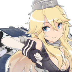 Rule 34 | 10s, 1girl, bare shoulders, blonde hair, blue eyes, breasts, cleavage, elbow gloves, empty eyes, false smile, gloves, hair between eyes, iowa (kancolle), kantai collection, large breasts, long hair, mokyutan, outline, simple background, smile, solo, star (symbol), thumbs down, tsurime, white background