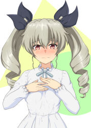 Rule 34 | 1girl, absurdres, ada badguy, anchovy (girls und panzer), blush, breasts, closed mouth, dress, drill hair, girls und panzer, green hair, hair ribbon, highres, long hair, looking at viewer, medium breasts, nervous, nervous smile, red eyes, ribbon, simple background, smile, solo, twin drills, white dress
