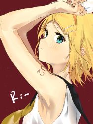 Rule 34 | 1girl, armpits, arms up, bare shoulders, blonde hair, blue eyes, bow, expressionless, from side, hair bow, hair ornament, hairclip, highres, kagamine rin, looking at viewer, nail polish, red background, satosatomog, short hair, shoulder tattoo, sideways glance, sketch, solo, swept bangs, tattoo, vocaloid, yellow nails