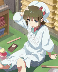 Rule 34 | 10s, 1girl, apron, blue eyes, brown hair, hand on own head, hayashida airi, head scarf, japanese clothes, kappougi, mole, mole under eye, official art, on floor, open mouth, short hair, sitting, solo, sweatdrop, tenugui, wake up girls!, wake up girls! stage no tenshi