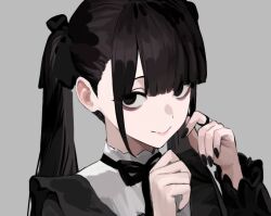 Rule 34 | 1girl, bags under eyes, batiao zhai, black bow, black eyes, black hair, black nails, blunt bangs, bow, bowtie, eyelashes, fanged bangs, grey background, hair bow, highres, jewelry, looking at viewer, original, pale skin, playing with own hair, portrait, sanpaku, simple background, smile, solo, tsurime, twintails