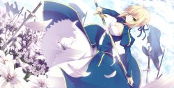 Rule 34 | 1girl, artoria pendragon (fate), banner, blonde hair, blue dress, breasts, caliburn (fate), cleavage, dress, excalibur (fate/stay night), fate/grand order, fate (series), field, field of blades, flower, flower field, green eyes, hair ribbon, lily (flower), looking at viewer, nagishiro mito, pants, pants under dress, petals, ribbon, saber (fate), solo, sword, weapon