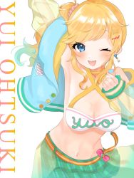 Rule 34 | 1girl, ;d, arm up, armpits, blonde hair, blue eyes, blue jacket, blush, breasts, character name, cleavage, finger heart, green skirt, heart, highres, idolmaster, idolmaster cinderella girls, jacket, looking at viewer, medium breasts, navel, ohtsuki yui, one eye closed, open mouth, outstretched arm, plaid, plaid skirt, rokas art, round teeth, see-through, see-through sleeves, side ponytail, simple background, skirt, smile, solo, teeth, wavy hair, white background