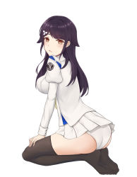 Rule 34 | 1girl, animal ears, ass, azur lane, black hair, black thighhighs, blush, breasts, choukai (azur lane), dog ears, eyebrows, feet, floppy ears, from side, full body, hair ornament, hand on own leg, highres, large breasts, long hair, long sleeves, looking at viewer, miniskirt, open mouth, orange eyes, panties, pleated skirt, puffy long sleeves, puffy sleeves, qiye luoying, shirt, simple background, sitting, skirt, solo, swept bangs, thighhighs, underwear, wariza, white background, white panties, white shirt, white skirt