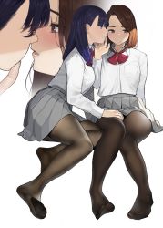 Rule 34 | 2girls, aikawa ren, black legwear, rejected kiss, blue eyes, blue hair, blush, bow, bowtie, breast pocket, breasts, brown eyes, brown hair, feet, full body, grey skirt, hand on another&#039;s thigh, highres, long hair, long sleeves, miru tights, mole, mole under eye, multiple girls, multiple views, nakabeni yua, no shoes, open mouth, pantyhose, parted lips, pleated skirt, pocket, red neckwear, school uniform, shirt, short hair, simple background, sitting, skirt, smile, thighband pantyhose, white background, white shirt, yomu (sgt epper), yuri