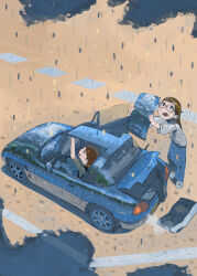 Rule 34 | 2girls, blue car, blue pants, brown hair, car, commentary, glasses, grey shirt, hara (pencilpen), highres, looking up, motor vehicle, multiple girls, open mouth, original, pants, rain, road, shirt, sitting, standing