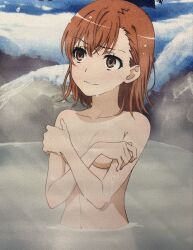 Rule 34 | 10s, 1girl, 2018, :3, bare shoulders, breasts, breasts out, brown eyes, brown hair, collarbone, completely nude, covering privates, covering breasts, crossed arms, female focus, highres, looking to the side, matching hair/eyes, midriff, misaka mikoto, navel, nude, official art, onsen, outdoors, partially submerged, short hair, shy, sitting, small breasts, smile, solo, steam, toaru kagaku no railgun, toaru majutsu no index, upper body, water, wet