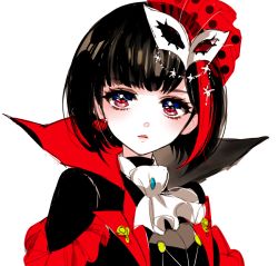 Rule 34 | 1girl, adapted costume, ascot, bad id, bad pixiv id, bang dream!, black cape, black hair, cape, closed mouth, earrings, hair ornament, heart, heart earrings, high collar, jewelry, looking at viewer, mamaloni, mask, mask on head, mitake ran, red eyes, short hair, simple background, solo, upper body, white ascot, white background
